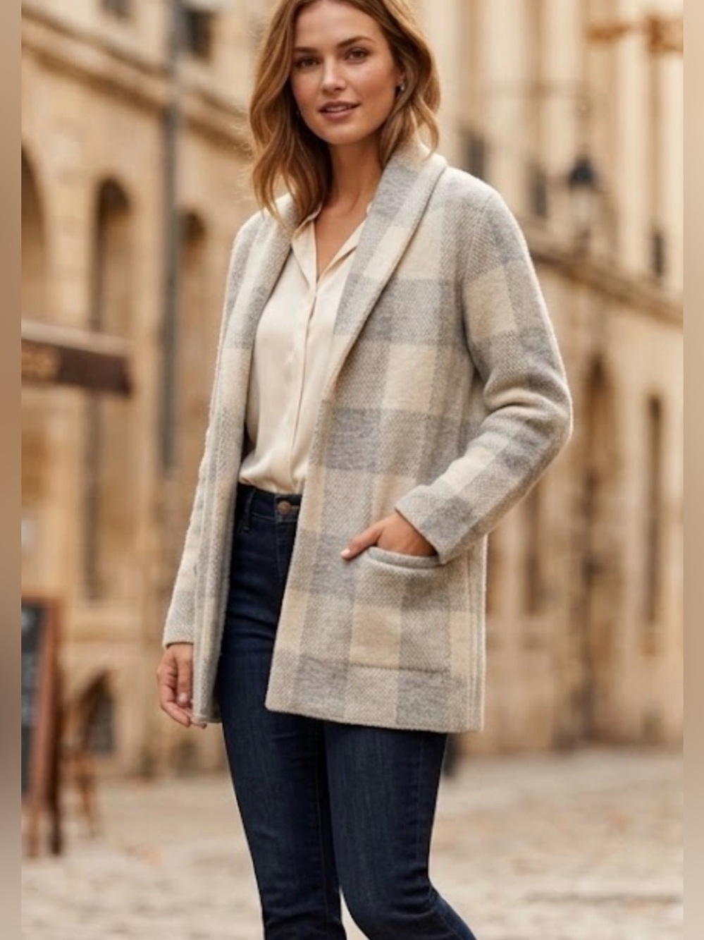 Women's LAUREN Ralph Lauren Grey Plaid Wool-Blend Shawl Collar Cardigan Coat